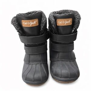 Cat & Jack Kids Winter Duck Boots Black Sherpa Lined Velcro Snow Boots